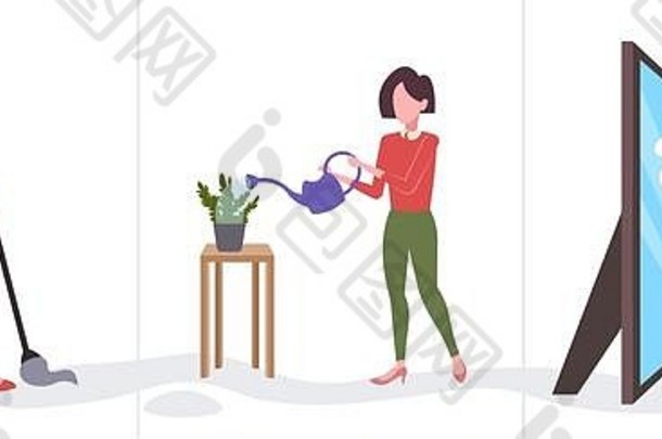 集女人更清洁的擦拭玻璃镜子拖地地板上浇水植物女孩做家务管家集合完整的长度平水平