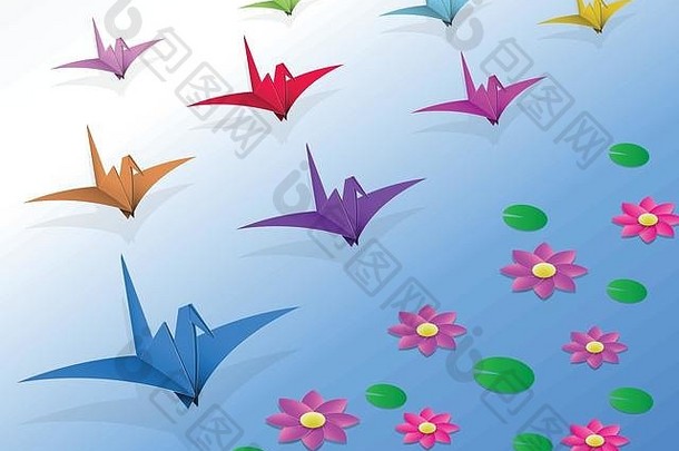 折纸鸟飞行水莲花