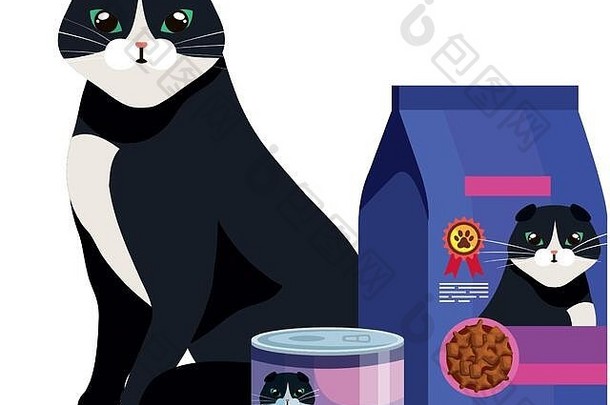 可爱的猫食物袋孤立的图标