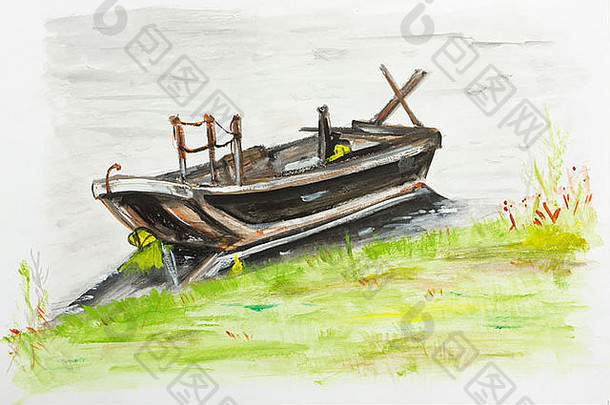 小船草地夏天海岸景观手工制作的丙烯酸绘画插图白色纸艺术背景