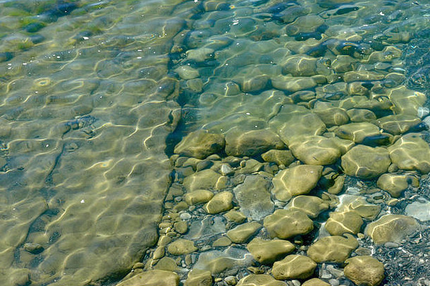 特写镜头视图黄绿色石头闪闪发光的太阳的目光清晰的水沿海浅蓝色的湾新增功能斯维特世界位置