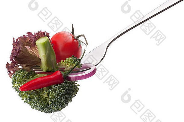 新鲜的生蔬菜叉孤立的白色背景断路健康的吃概念