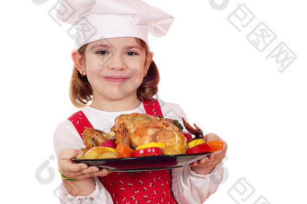 女孩烹饪持有烤鸡