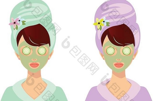 集可爱的女孩粘土面具包黄瓜眼睛水疗中心女人毛巾头绿色紫色的浴袍孤立的白色背景滑雪