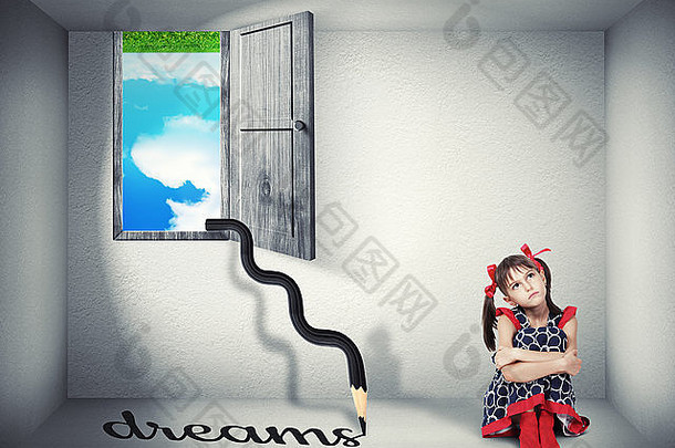 超现实主义的梦想概念孩子上行房间