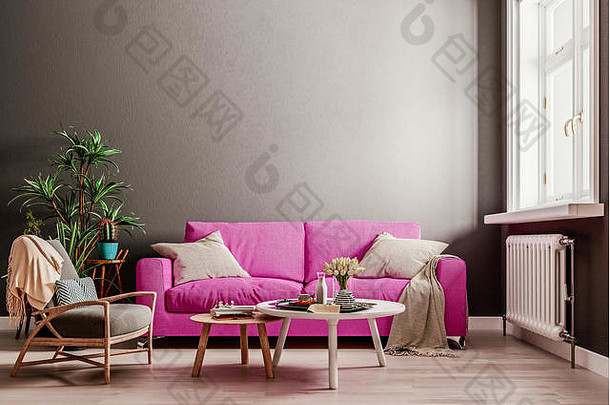 黑暗模拟墙紫罗兰色的紫色的沙发表椅子现代室内背景生活房间大窗口散热器斯堪地那维亚