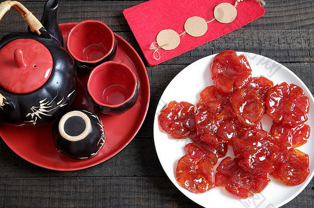 越南食物泰特假期春天番茄小时甜蜜的吃传统的食物月球一年番茄烹饪糖