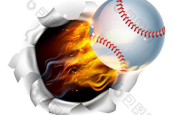 插图燃烧燃烧的棒球球火撕裂洞背景