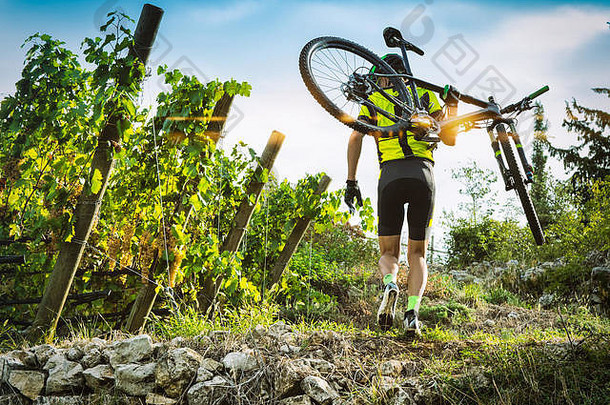 骑自行车的人提出了山自行车肩膀爬陡峭的小道葡萄园