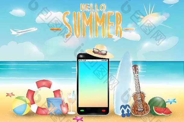 智能手机夏天对象明亮的夏天海海滩