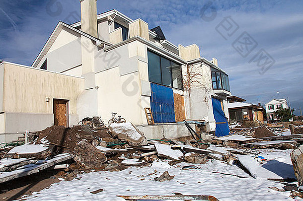 纽约11月桩垃圾碎片淹没了损坏的房子飓风桑迪曼哈顿海滩