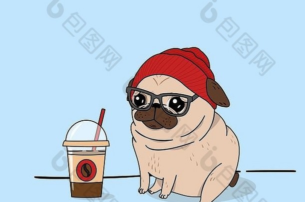 有创意的概念上的食物喝饮料向量插图哈巴狗狗时尚他帽无檐小便帽咖啡杯眼镜