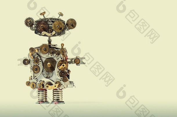 蒸汽朋克机械机器人岁的齿轮齿轮轮手时钟部分机制破旧的难看的东西刮伤金属纹理有趣的玩具字符梯度背景宏复制空间