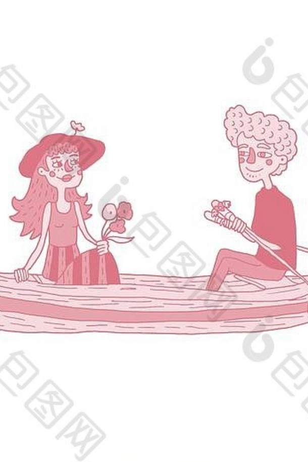 手画单色插图描述快乐年轻的夫妇航行船孤立的向量设计情人节一天红色的蓝色的科罗拉多州