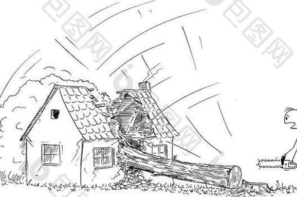 向量卡通坚持数字画概念上的插图男人。电锯伐木工人减少树看下降房子概念Diy财产保险