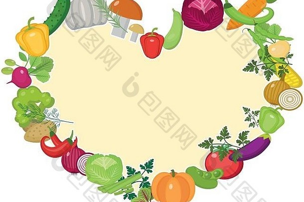 蔬菜框架形状心平风格孤立的白色背景健康的生活方式素食主义者素食者饮食生食物向量插图