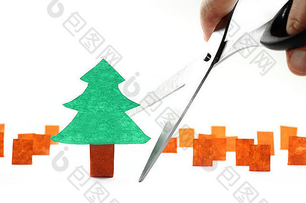 小纸树减少打开剪刀摧毁了森林背景
