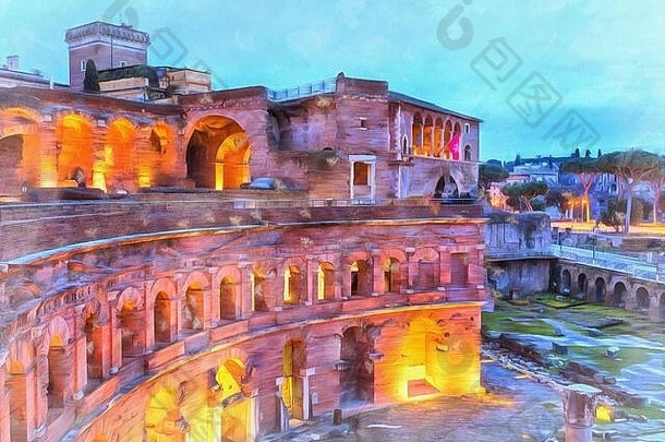 晚上城市景观古老的罗马色彩斑斓的绘画图片意大利