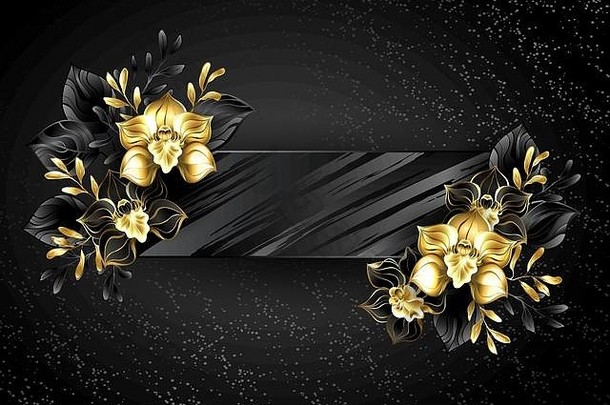 黑色的变形矩形横幅珠宝兰花装饰黄金叶子难看的东西背景