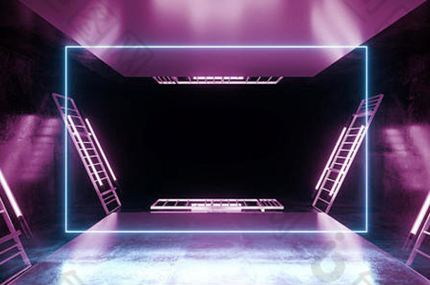 阶段建设虚拟跳舞矩形霓虹灯激光紫外线紫色的粉红色的蓝色的荧光sci未来主义的复古的光管场景难看的东西concr