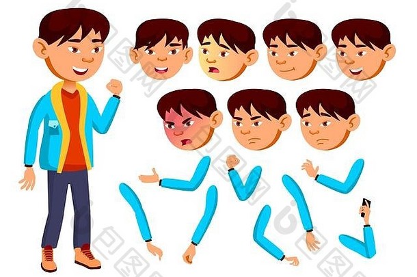 亚洲男孩孩子孩子青少年向量少年教育脸情绪手势动画创建集孤立的平卡通字符插图