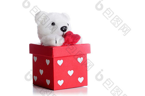泰迪熊心红色的礼物盒子