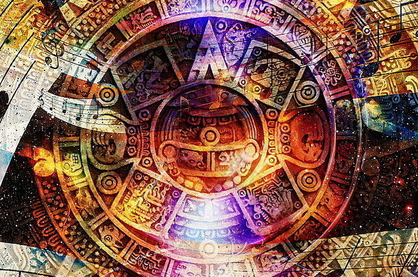 古老的玛雅日历音乐请注意宇宙空间星星摘要颜色背景电脑拼贴画