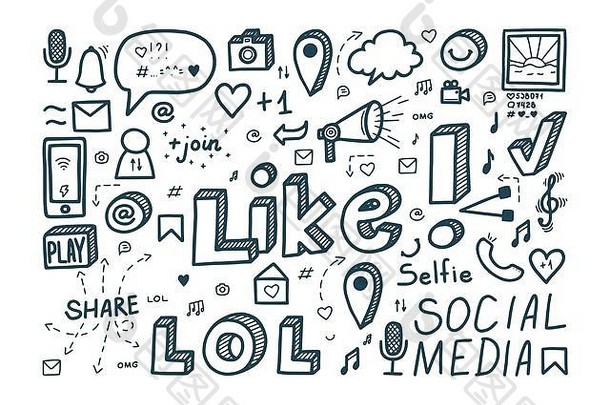 社会媒体涂鸦图标情绪喜欢的帖子媒体图片向量插图可爱的风格