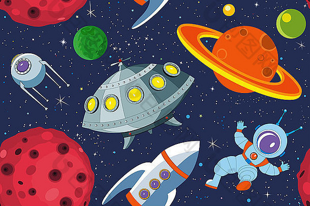 卡通背景不明飞行物火箭宇航员卫星行星布满星星的天空