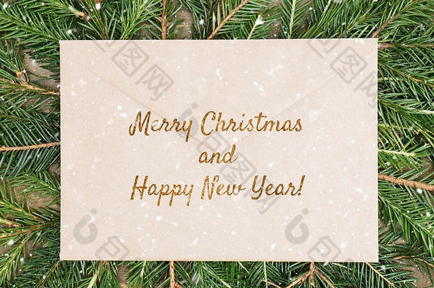 棕色（的）木圣诞节背景雪花冷杉分支机构工艺信封圣诞节一年概念