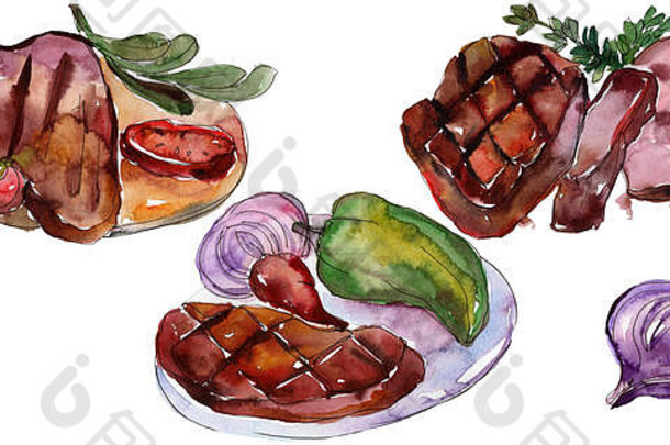 烤牛排美味的食物水彩背景插图集孤立的牛排插图元素
