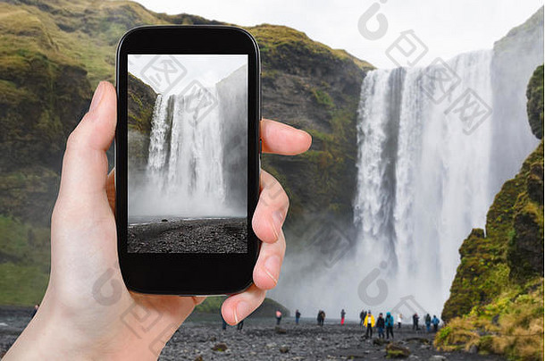 旅行概念<strong>旅游照片</strong>斯科加瀑布瀑布卡特拉地质公园冰岛大西洋南海岸冰岛9月智能手机
