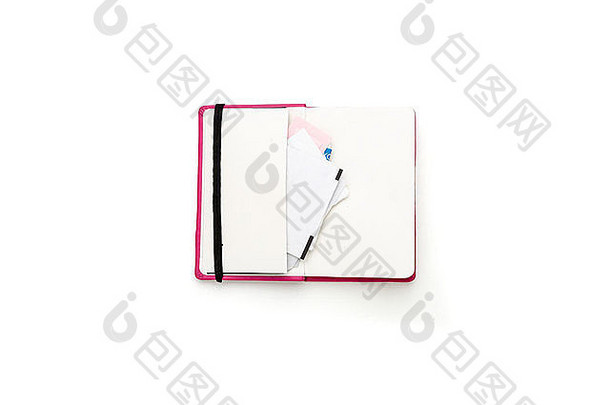 空白开放日记一边口袋里滑倒纸孤立的白色
