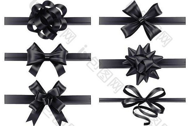 现实的黑色的丝带弓黑暗节日包装弓假期礼物丝带装饰现实的插图向量集