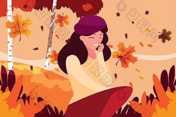 女人秋天设计季节自然点缀花园装饰植物学主题向量插图