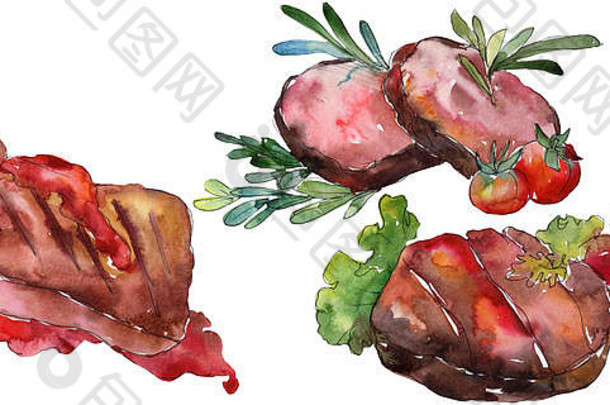 烤牛排美味的食物水彩风格集水瓶座食物插图背景孤立的牛排元素