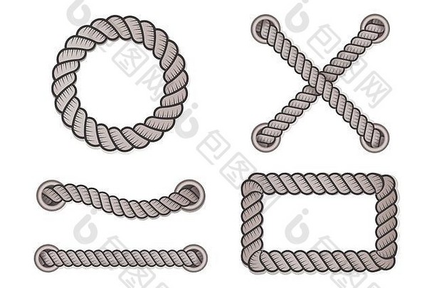 绳子装饰覆盖航海扭曲的绳子结轮广场绳子帧绳边界装饰元素向量插图
