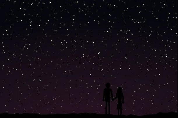 卡通夫妇持有手黑暗布满星星的晚上天空