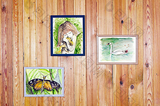 木松墙农村房子孩子们的水彩图纸挂爱动物自然概念