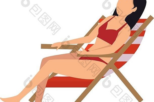 美丽的女人泳衣坐着海滩椅子