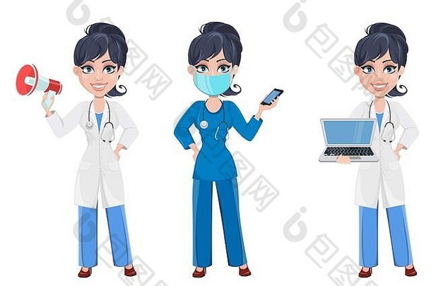 医生女人专业医疗工作人员美丽的卡通字符医生集扬声器智能手机移动PC向量树脂