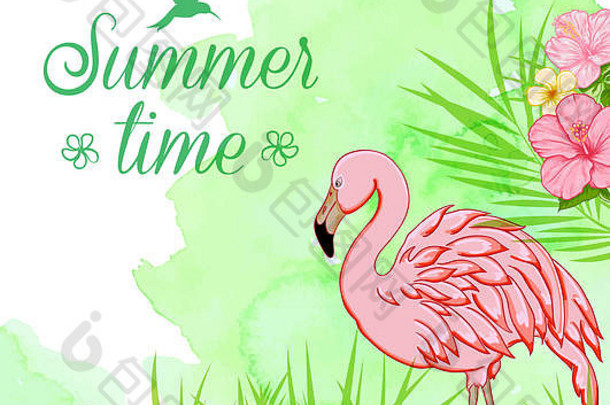 夏天热带背景棕榈叶子粉红色的火烈鸟绿色水彩纹理夏天时间刻字