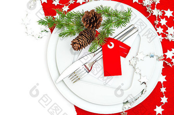 节日圣诞节表格的地方设置装饰红色的银松树分支