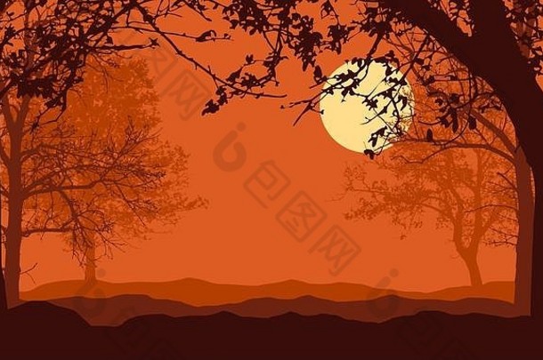 插图景观森林树山晚上橙色天空完整的月亮太阳空间文本向量
