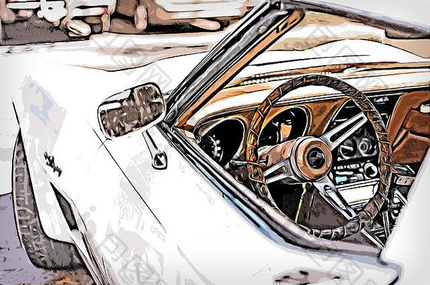 插图古董体育车停海滩车白色操舵轮司机窗口