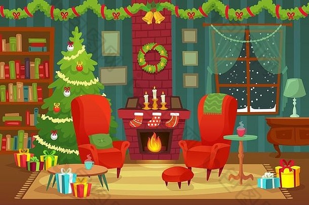 装饰圣诞节房间冬天假期室内装饰扶手椅壁炉圣诞节树向量背景插图
