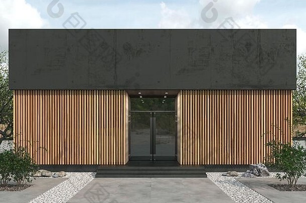 现代建筑阁楼风格矩形形状平屋顶外观玻璃入口门木压条墙复制空间的地方