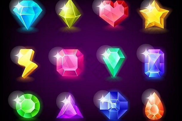 珠宝宝石集魔法石头闪光移动游戏设计向量插图