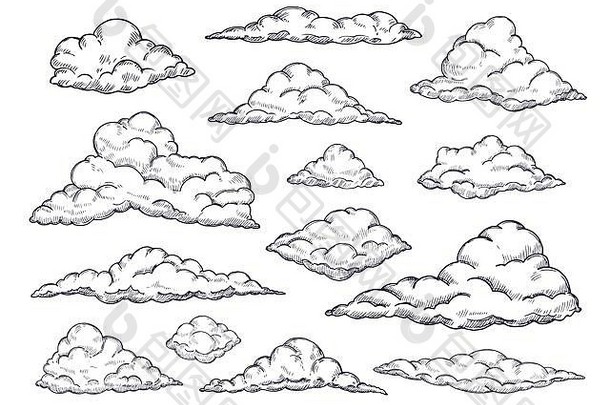 草图云手画天空Cloudscape大纲草图云古董向量集合插图云形状集合