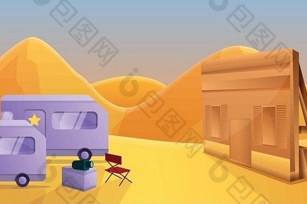 沙漠轿车电影生产概念横幅卡通插图沙漠轿车电影生产向量概念横幅网络设计